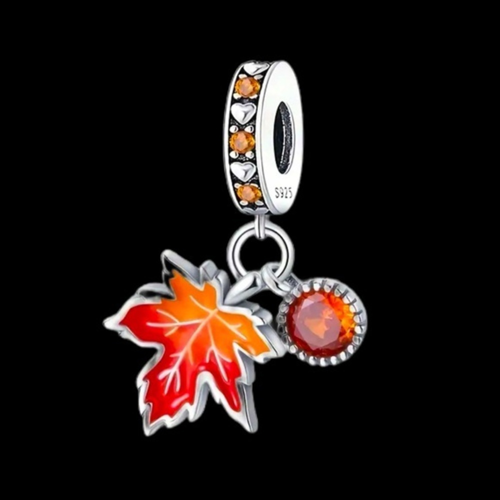 925 Sterling Silver Orange & Gold Maple Leaf with CZ Accents Charm/Pendant - NWT